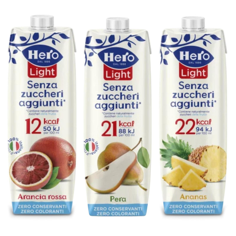 3 Succhi di Frutta - Hero - Gusto Arancia Rossa, Ananas & Pera da 1 litro