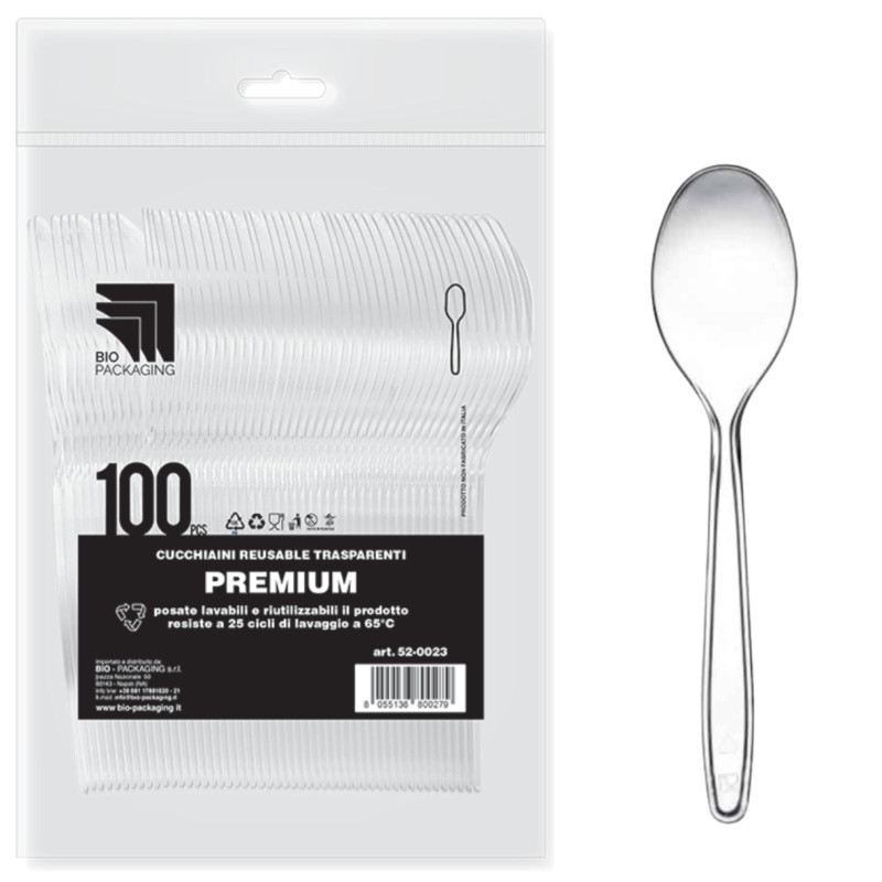 Cucchiaini Premium in Plastica PS - Trasparente - 100 Pz - 145 mm