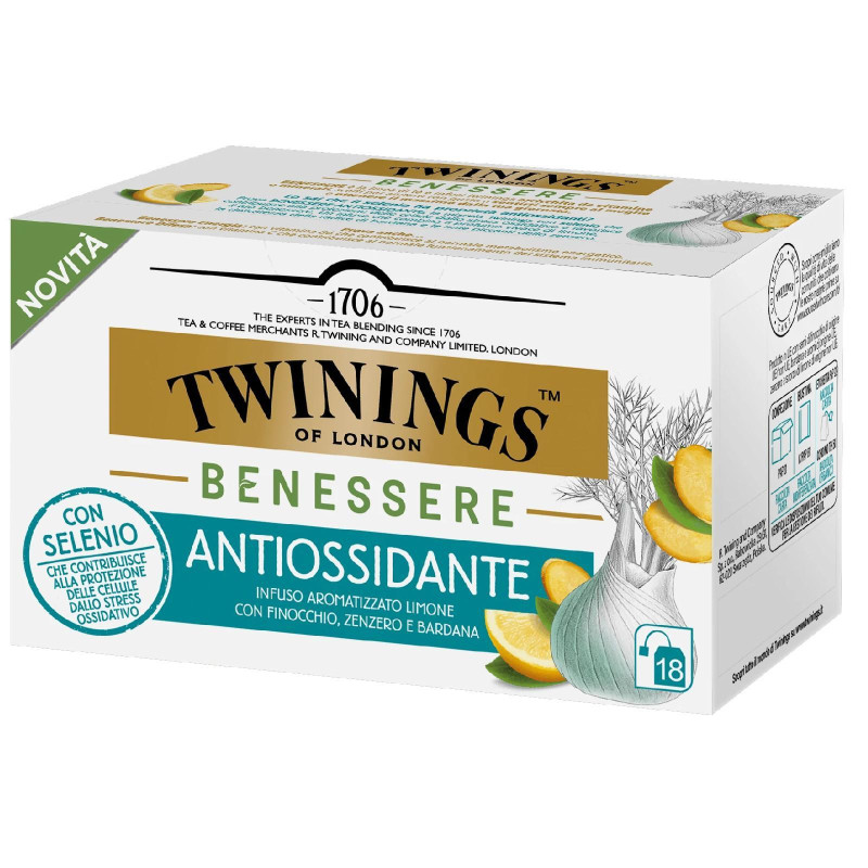 Te' Twinings - Benessere - Aroma Limone, Finocchio, Zenzero, Bardana - Antiossidante - 18 Filtri