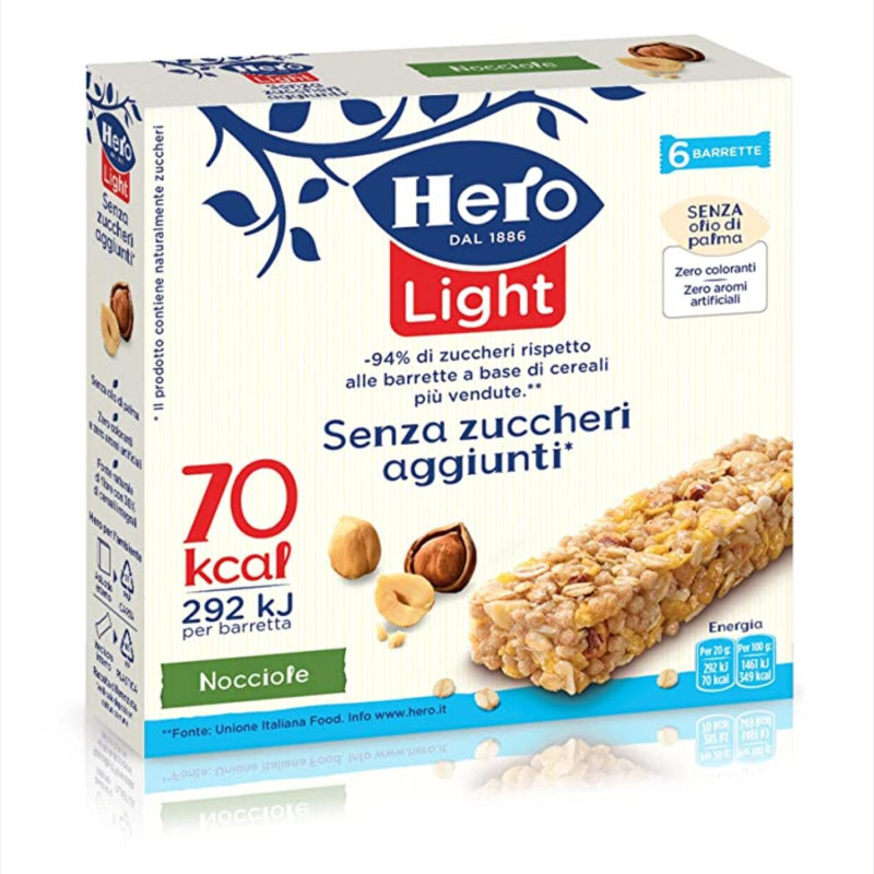 Barrette di Cereali - Hero - Light  - Nocciola - 6 Barrette da 20 g