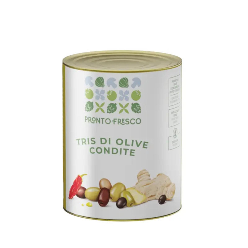 Tris Olive - Greci - Olive Miste Denocciolate e Condite - Pronto Fresco - Latta da 780 g