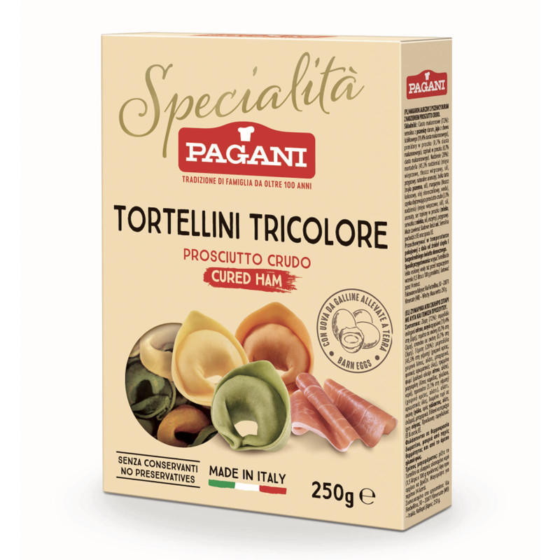 Pasta all'Uovo - Tortellini - Tricolore con Prosciutto Crudo -  Pagani - Confezione da 250g