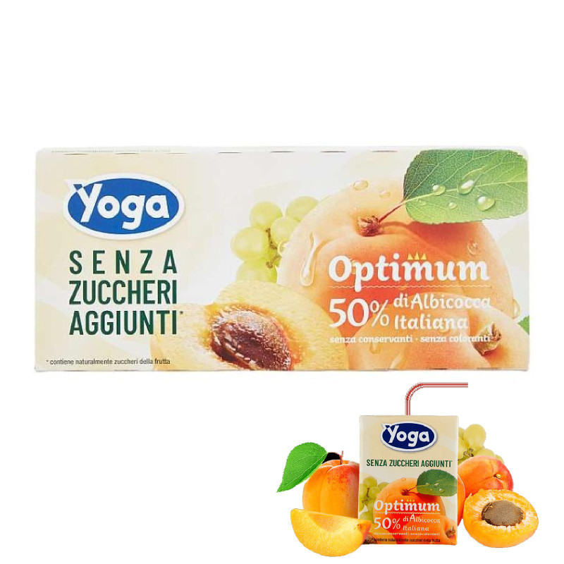 8 Confezioni Succo di Frutta Yoga - Optimum - Albicocca - Senza Zuccheri - 3 x 200 ml