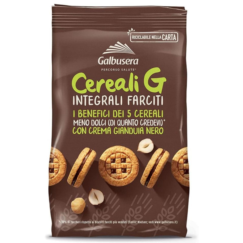 Biscotti Galbusera - Cereali G - Frollini Integrali con Crema Gianduia Nero - 250 g