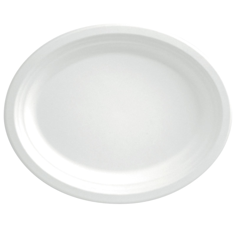 Piatto Ovale Compostabile Bagasse - Colore Bianco - Piatti Piani - 32 cm - 50 Pezzi