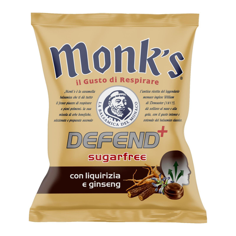 Caramelle Monk's - Defend+ Con Liquirizia e Ginseng - Bustina 46 gr Senza Zuccheri