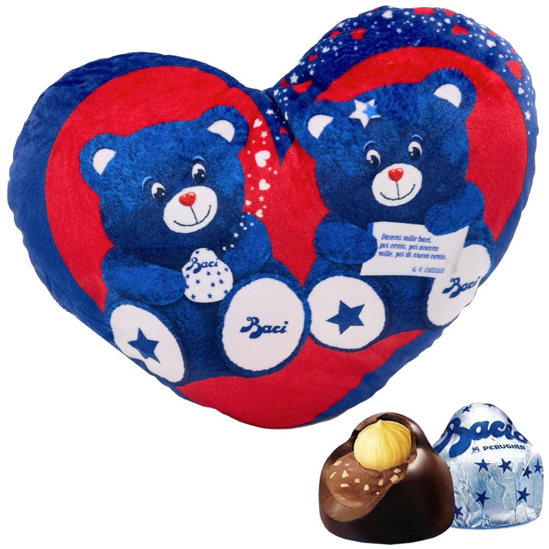 Cuscino Cuore Orsetti Peluche - Baci Perugina - Fondente Luisa - Blu e Rosso - 75 g