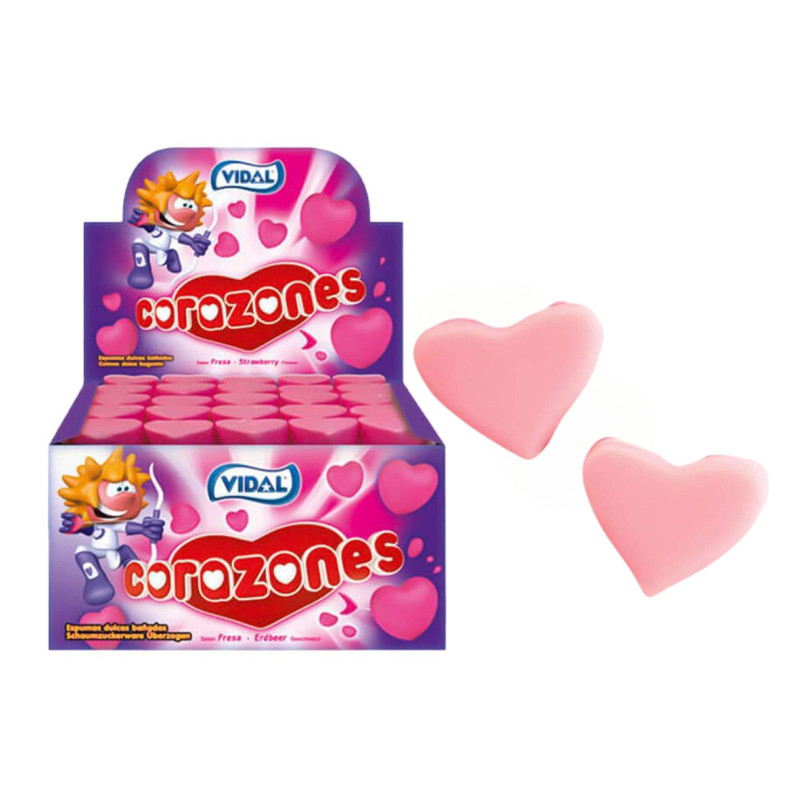 Marshmallow - Cuori - con Topping Croccante al Gusto di Fragola - Vidal - Box da 75 pz