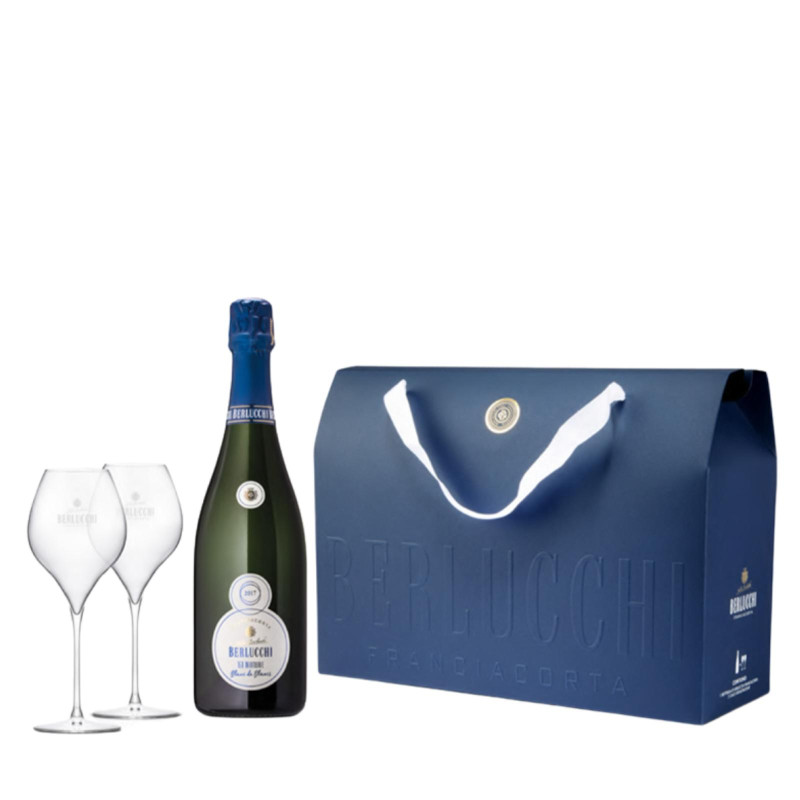 Vino Spumante - Berlucchi - Franciacorta Extra Brut - Confezione 2 Calici e Bottiglia da 0,75 lt