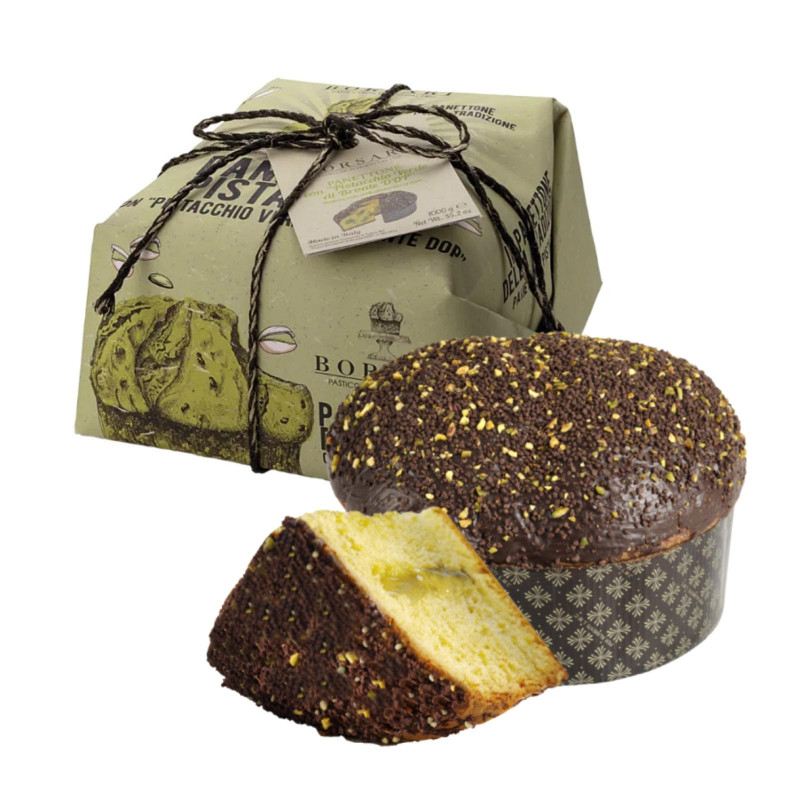 Panettone Pistacchio - Borsari - con Crema Pistacchio di Bronte Ricoperto Cioccolato - 1 Kg
